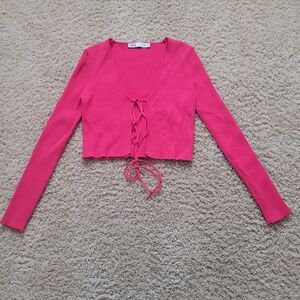 Zara Tie Front Y2K Ribbed Cropped Long Sleeve Cardigan Sweater Pink M